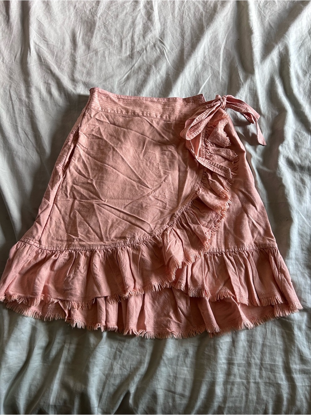 Anthropologie Coral Pink Wrap Mini Skirt with Ruffle Trim